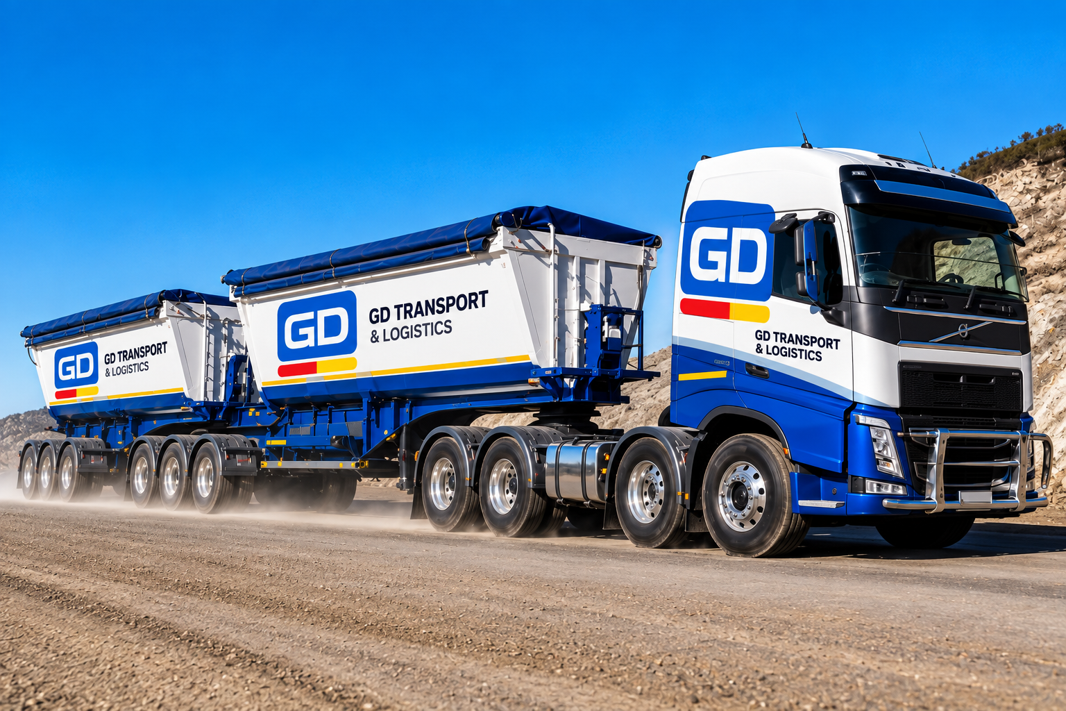 GD Transport and Logistics side tipper truck fleet on a haul road